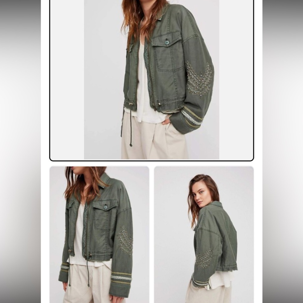 FREE PEOPLE Embroidered Military Jacket Cropped Zip Up Army Green Crop Top Cargo